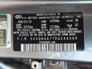 2013 Kia Optima EX with VIN 5XXGN4A77DG244364, listed as a IAAI auction lot 42179051 with 184,416 mi miles and . Bid and sale history available at carsss.com. Image 9.