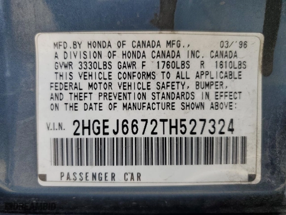 1996 Honda Civic LX "O" w/Air with VIN 2HGEJ6672TH527324, listed as a Copart auction lot 63497914 with 342,931 mi miles and Salvage Title. Bid and sale history available at carsss.com. Image 13.