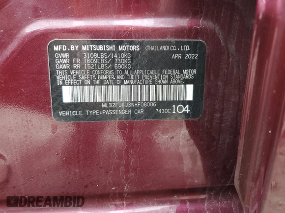 2022 Mitsubishi Mirage ES z VIN ML32FUFJ3NHF08086, wystawiony jako Copart lot #51950045 z przebiegiem 30 677 mil mil oraz Szkoda całkowita • Salvage title. Historia ofert i sprzedaży dostępna na DreamBid. Obrazek 12.