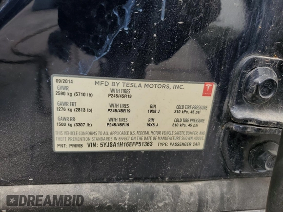 2014 Tesla Model S 60 with VIN 5YJSA1H16EFP51363, listed as a Copart auction lot 59960075 with 106,338 mi miles and Clean title. Bid and sale history available at DreamBid. Image 12.