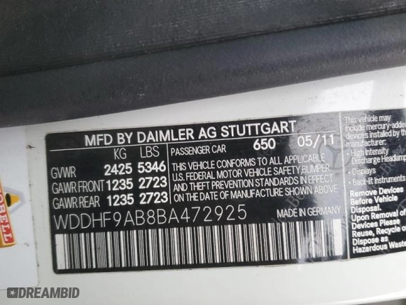 2011 Mercedes-Benz E-Class E 550 Luxury with VIN WDDHF9AB8BA472925, listed as a Copart auction lot 43640085 with 143,121 mi miles and Clean Title. Bid and sale history available at carsss.com. Image 12.