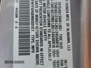 2021 Honda Pilot EX-L z VIN 5FNYF5H58MB008921, wystawiony jako Copart lot #56985395 z przebiegiem Nie podano mil oraz Szkoda całkowita • Salvage title. Historia ofert i sprzedaży dostępna na DreamBid. Obrazek 13.