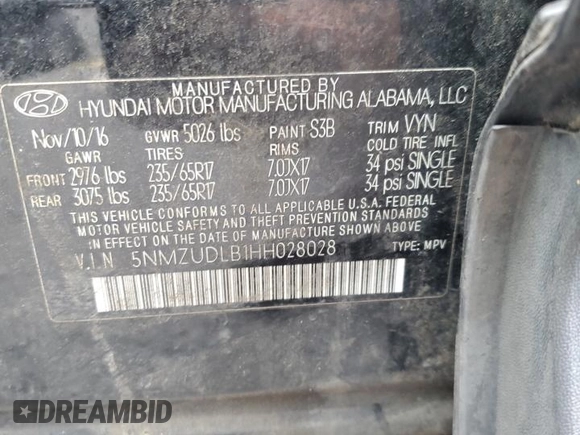 2017 Hyundai Santa Fe 2.4L with VIN 5NMZUDLB1HH028028, listed as a Copart auction lot 64431895 with Not provided miles and Salvage title. Bid and sale history available at DreamBid. Image 14.