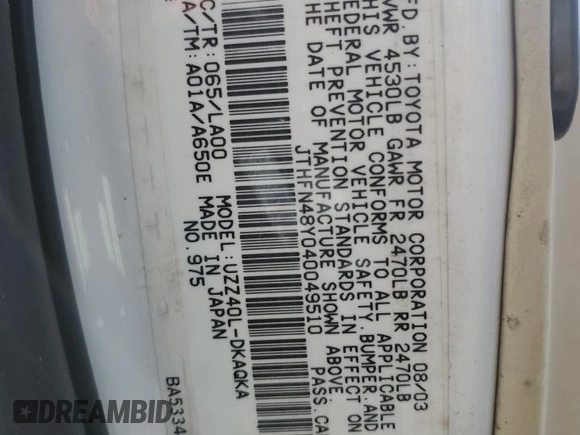 2004 Lexus SC 430 z VIN JTHFN48Y040049510, wystawiony jako Copart lot #50334295 z przebiegiem 73 258 mil mil oraz Szkoda całkowita • Salvage title. Historia ofert i sprzedaży dostępna na DreamBid. Obrazek 14.