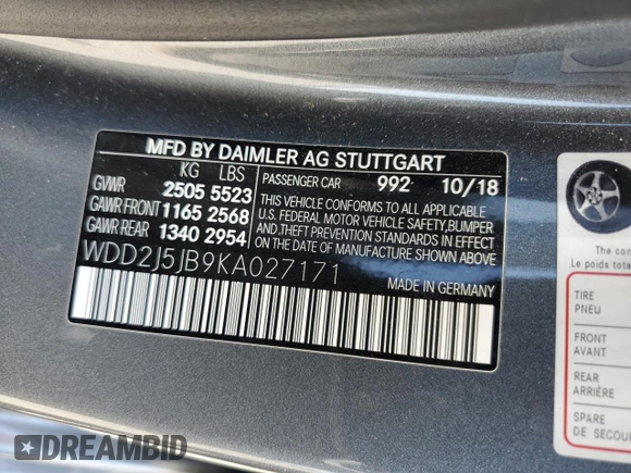 2019 Mercedes-Benz CLS 450 with VIN WDD2J5JB9KA027171, listed as a Copart auction lot 60758935 with 64,287 mi miles and Salvage title. Bid and sale history available at DreamBid. Image 13.