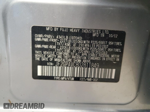 2013 Subaru Crosstrek Premium z VIN JF2GPAVC8D2811849, wystawiony jako Copart lot #59838295 z przebiegiem 192 950 mil mil oraz Nie do naprawy • Non repairable. Historia ofert i sprzedaży dostępna na DreamBid. Obrazek 13.