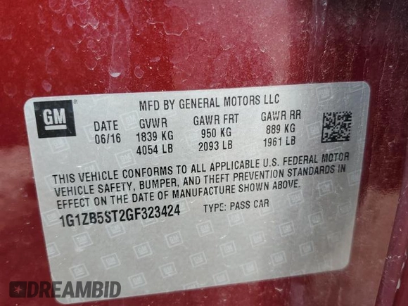 2016 Chevrolet Malibu LS z VIN 1G1ZB5ST2GF323424, wystawiony jako Copart lot #53202885 z przebiegiem 152 371 mil mil oraz Szkody całkowita. Historia ofert i sprzedaży dostępna na DreamBid. Obrazek 12.