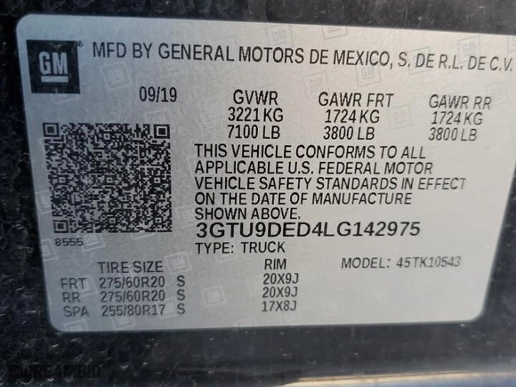 2020 GMC Sierra 1500 SLT with VIN 3GTU9DED4LG142975, listed as a Copart auction lot 84198524 with 96,159 mi miles and Salvage Title. Bid and sale history available at carsss.com. Image 14.
