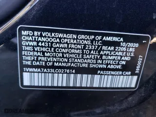 2020 Volkswagen Passat 2.0T R-Line with VIN 1VWMA7A33LC027614, listed as a Copart auction lot 36530853 with 33,015 mi miles. Bid and sale history available at carsss.com. Image 12.