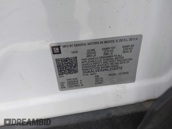 2019 GMC Terrain SLT with VIN 3GKALVEX2KL215372, listed as a IAAI auction lot 40872800 with 54,244 mi miles. Bid and sale history available at carsss.com. Image 9.
