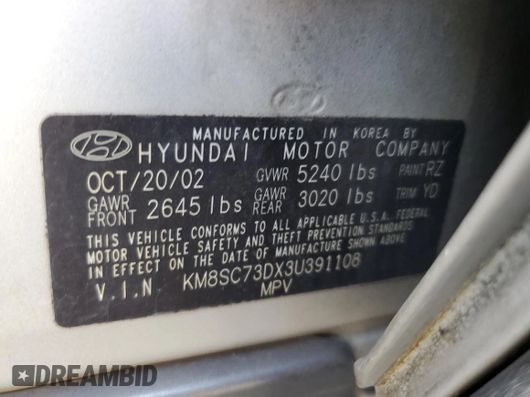 2003 Hyundai Santa Fe GLS with VIN KM8SC73DX3U391108, listed as a Copart auction lot 60356315 with 167,577 mi miles and Salvage title. Bid and sale history available at DreamBid. Image 13.