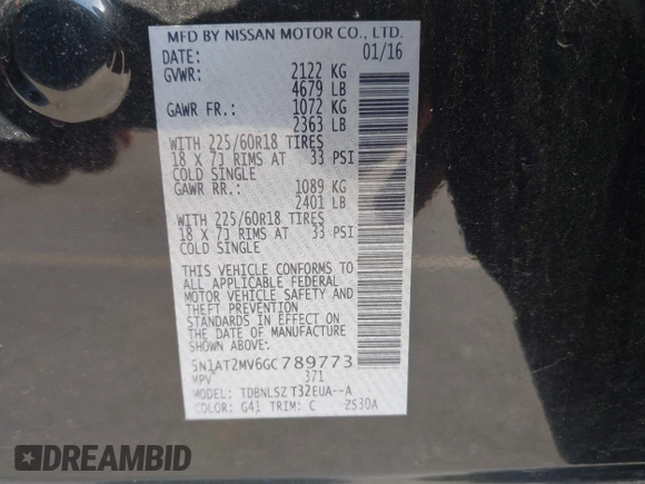 2016 Nissan Rogue SV with VIN 5N1AT2MV6GC789773, listed as a IAAI auction lot 41790816 with 94,901 mi miles and . Bid and sale history available at carsss.com. Image 9.
