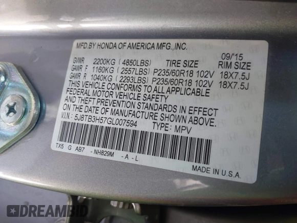 2016 Acura RDX Technology with VIN 5J8TB3H57GL007594, listed as a IAAI auction lot 41338258 with 75,948 mi miles and . Bid and sale history available at DreamBid. Image 9.