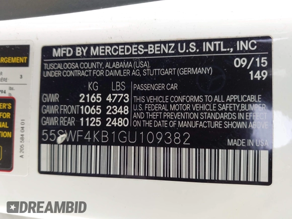 2016 Mercedes-Benz C 300 Luxury with VIN 55SWF4KB1GU109382, listed as a IAAI auction lot 42140067 with 64,932 mi miles and . Bid and sale history available at carsss.com. Image 9.