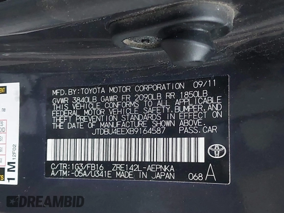2011 Toyota Corolla L with VIN JTDBU4EEXB9164587, listed as a IAAI auction lot 41148098 with 154,527 mi miles and . Bid and sale history available at DreamBid. Image 9.