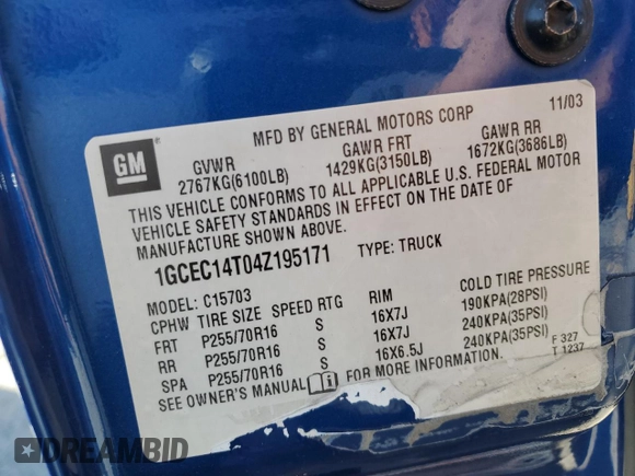2004 Chevrolet Silverado 1500 LS with VIN 1GCEC14T04Z195171, listed as a Copart auction lot 43559235 with 142,316 mi miles and Salvage Title. Bid and sale history available at carsss.com. Image 12.