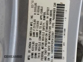 2015 Honda Accord EX-L with VIN 1HGCR2F83FA120987, listed as a Copart auction lot 55262705 with 199,295 mi miles and Salvage title. Bid and sale history available at DreamBid. Image 12.