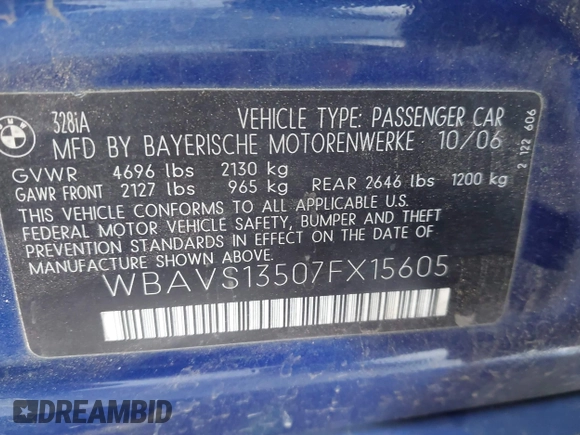 2007 BMW 3 Series 328i with VIN WBAVS13507FX15605, listed as a IAAI auction lot 42083722 with 177,850 mi miles. Bid and sale history available at carsss.com. Image 9.