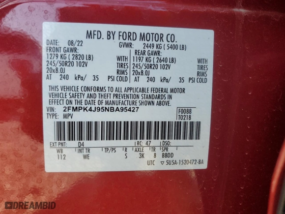 2022 Ford Edge SEL with VIN 2FMPK4J95NBA95427, listed as a Copart auction lot 50449055 with 14,119 mi miles and Salvage Title. Bid and sale history available at carsss.com. Image 13.