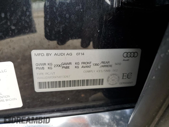 2015 Audi A8 4.0T with VIN WAUJ2AFD5FN013267, listed as a Copart auction lot 39065654 with 64,541 mi miles and . Bid and sale history available at DreamBid. Image 14.