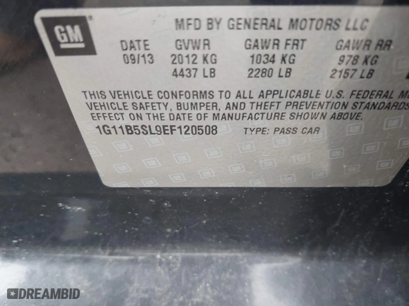 2014 Chevrolet Malibu LS with VIN 1G11B5SL9EF120508, listed as a IAAI auction lot 39388435 with 1 mi miles. Bid and sale history available at carsss.com. Image 9.