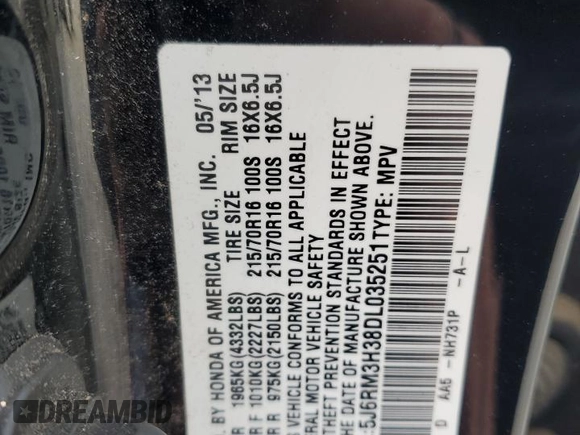 2013 Honda CR-V LX with VIN 5J6RM3H38DL035251, listed as a Copart auction lot 54880465 with 97,082 mi miles and Salvage title. Bid and sale history available at DreamBid. Image 13.