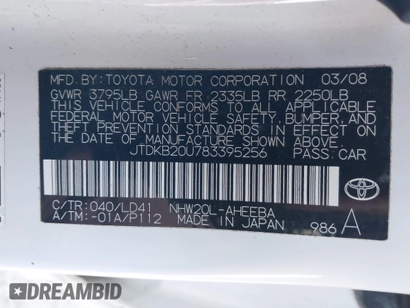 2008 Toyota Prius with VIN JTDKB20U783395256, listed as a IAAI auction lot 41379764 with Not Provided miles and . Bid and sale history available at DreamBid. Image 9.