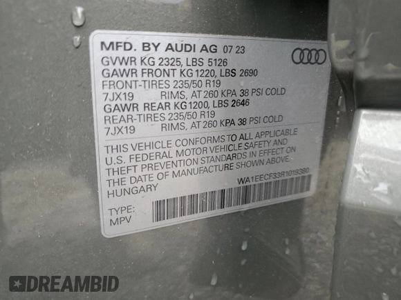 2024 Audi Q3 S line Premium Plus z VIN WA1EECF33R1019380, wystawiony jako Copart lot #80715474 z przebiegiem 6 651 mil mil oraz Szkoda całkowita • Salvage title. Historia ofert i sprzedaży dostępna na DreamBid. Obrazek 16.