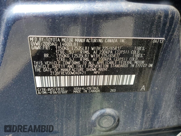 2013 Toyota RAV4 LE z VIN 2T3BFREV0DW040421, wystawiony jako Copart lot #55783735 z przebiegiem 112 948 mil mil oraz Szkoda całkowita • Salvage title. Historia ofert i sprzedaży dostępna na DreamBid. Obrazek 13.