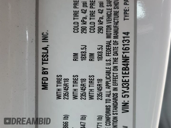 2022 Tesla Model 3 Long Range z VIN 5YJ3E1EB4NF161314, wystawiony jako Copart lot #57060725 z przebiegiem 19 215 mil mil oraz Szkoda całkowita • Salvage title. Historia ofert i sprzedaży dostępna na DreamBid. Obrazek 12.