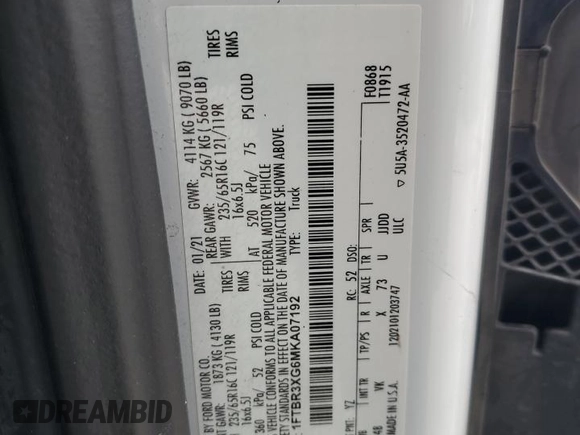 2021 Ford Transit with VIN 1FTBR3XG6MKA07192, listed as a Copart auction lot 85935764 with 268,240 mi miles and Salvage title. Bid and sale history available at DreamBid. Image 12.
