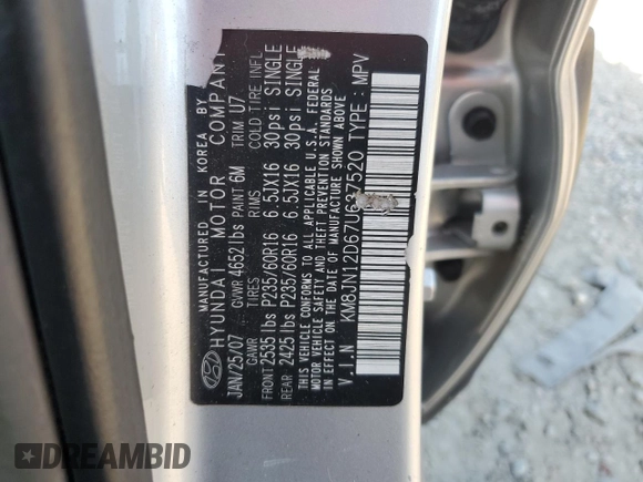 2007 Hyundai Tucson SE with VIN KM8JN12D67U637520, listed as a Copart auction lot 72886354 with 111,736 mi miles and Salvage Title. Bid and sale history available at carsss.com. Image 15.