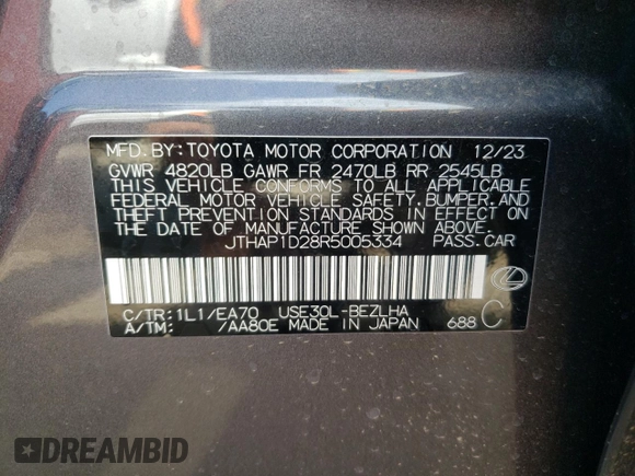 2024 Lexus IS with VIN JTHAP1D28R5005334, listed as a Copart auction lot 68115674 with 1,949 mi miles and Salvage Title. Bid and sale history available at carsss.com. Image 12.
