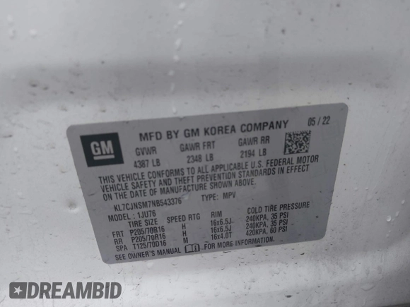 2022 Chevrolet Trax LS with VIN KL7CJNSM7NB543376, listed as a IAAI auction lot 42245284 with 74,681 mi miles and . Bid and sale history available at DreamBid. Image 9.