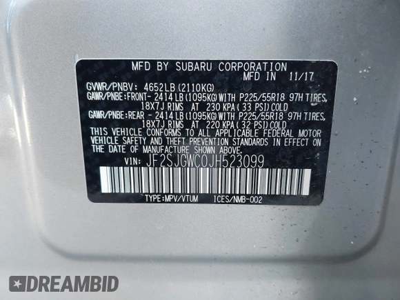 2018 Subaru Forester Touring with VIN JF2SJGWC0JH523099, listed as a IAAI auction lot 42034873 with 25,763 mi miles. Bid and sale history available at carsss.com. Image 9.