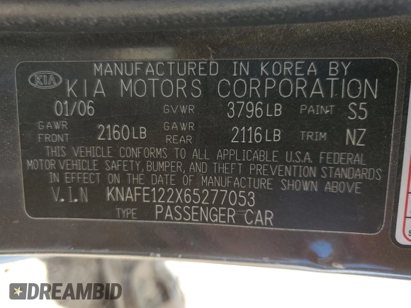 2006 Kia Spectra EX with VIN KNAFE122X65277053, listed as a Copart auction lot 75697314 with 147,156 mi miles and Salvage Title. Bid and sale history available at carsss.com. Image 14.