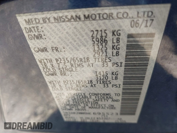 2017 Nissan Pathfinder SV with VIN 5N1DR2MM0HC695523, listed as a IAAI auction lot 42075860 with 156,725 mi miles and . Bid and sale history available at DreamBid. Image 9.