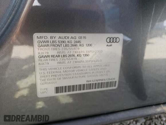 2015 Audi Q5 Premium Plus with VIN WA1LFAFP6FA125426, listed as a Copart auction lot 53004515 with 182,482 mi miles and Clean title. Bid and sale history available at DreamBid. Image 13.