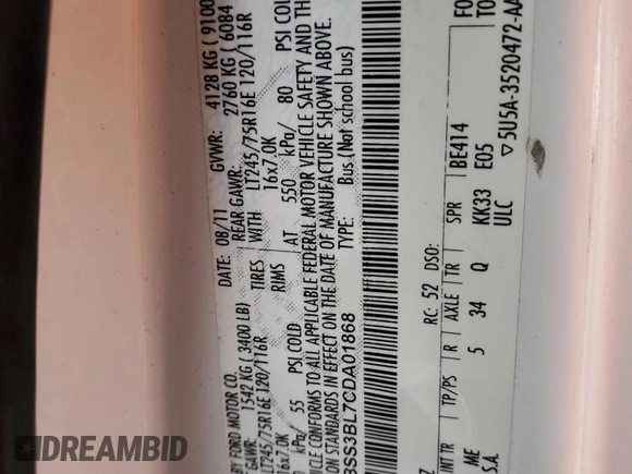 2012 Ford Econoline Passenger XL with VIN 1FBSS3BL7CDA01868, listed as a Copart auction lot 48528915 with 85,830 mi miles and Salvage Title. Bid and sale history available at DreamBid. Image 14.