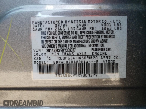 2024 Nissan Sentra SV with VIN 3N1AB8CV9RY309377, listed as a Copart auction lot 62084215 with 8,045 mi miles and Salvage title. Bid and sale history available at DreamBid. Image 12.