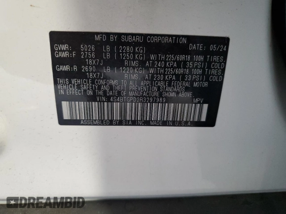 2024 Subaru Outback Touring XT with VIN 4S4BTGPD2R3297989, listed as a Copart auction lot 63825045 with 12,006 mi miles and Salvage title. Bid and sale history available at DreamBid. Image 13.