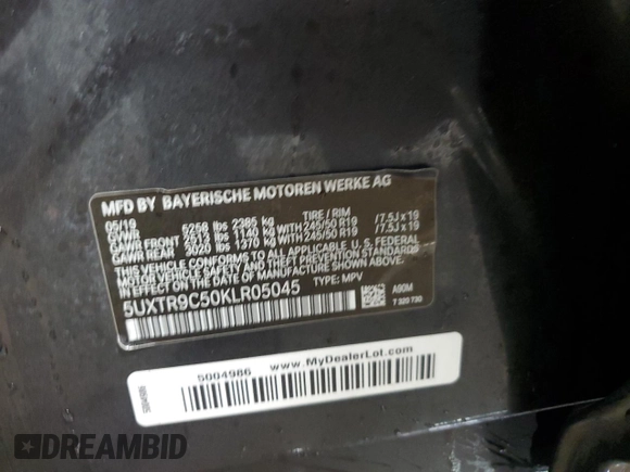 2019 BMW X3 xDrive30i with VIN 5UXTR9C50KLR05045, listed as a Copart auction lot 50721855 with 62,139 mi miles and Salvage Title. Bid and sale history available at DreamBid. Image 13.