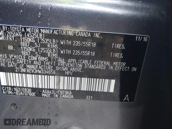 2017 Toyota RAV4 SE with VIN 2T3NFREV3HW334656, listed as a IAAI auction lot 41311703 with 153,337 mi miles and . Bid and sale history available at DreamBid. Image 9.