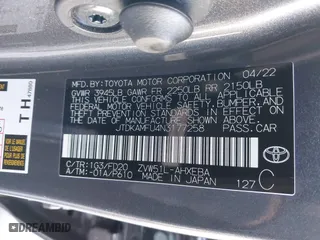 2022 Toyota Prius L Eco with VIN JTDKAMFU4N3177258, listed as a IAAI auction lot 39148811 with 50,902 mi miles. Bid and sale history available at carsss.com. Image 9.