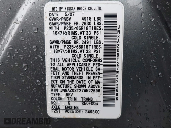 2007 Nissan Murano S z VIN JN8AZ08T27W522696, wystawiony jako IAAI lot #41054375 z przebiegiem 104 079 mil mil oraz . Historia ofert i sprzedaży dostępna na DreamBid. Obrazek 9.