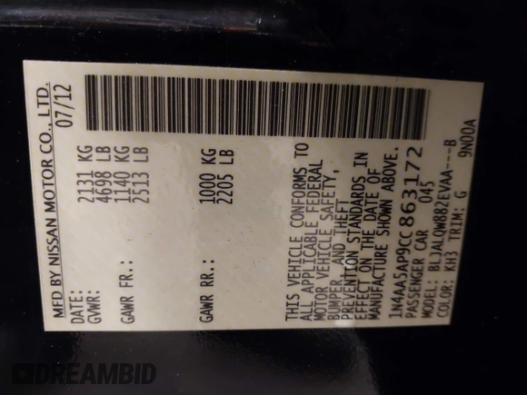 2012 Nissan Maxima S с VIN 1N4AA5AP9CC863172, выставлен на аукционе IAAI как лот 42120073 с пробегом 102 500 миль миль и . История ставок и продаж доступна на DreamBid. Изображение 9.