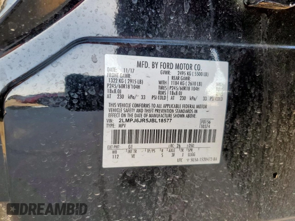 2018 Lincoln MKX Premiere with VIN 2LMPJ6JR5JBL18577, listed as a Copart auction lot 47854395 with 85,856 mi miles and Salvage Title. Bid and sale history available at carsss.com. Image 14.