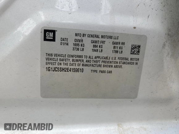 2014 Chevrolet Sonic LT with VIN 1G1JC5SH2E4159610, listed as a Copart auction lot 51685435 with 126,190 mi miles and Salvage Title. Bid and sale history available at DreamBid. Image 15.