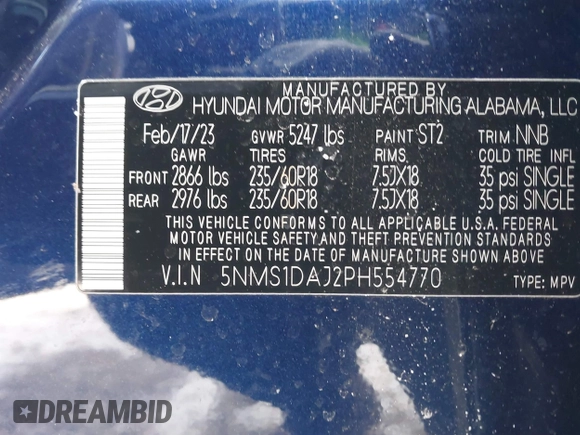 2023 Hyundai Santa Fe SE with VIN 5NMS1DAJ2PH554770, listed as a IAAI auction lot 41393515 with 30,309 mi miles. Bid and sale history available at carsss.com. Image 9.