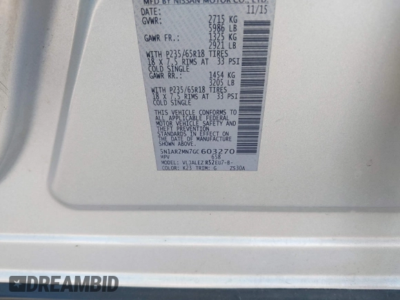 2016 Nissan Pathfinder SV with VIN 5N1AR2MN7GC603270, listed as a IAAI auction lot 41882025 with 134,990 mi miles. Bid and sale history available at carsss.com. Image 9.